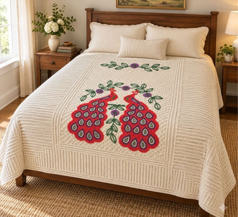 Vintage Chenille Peacock Bedspread Cream Floral 89x101 Full Queen